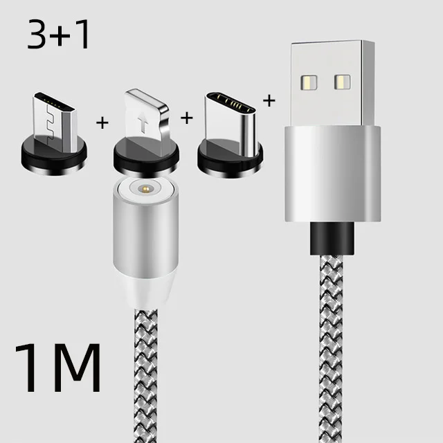 3 in 1 silver Магнитный зарядный светодиодный кабель Micro usb type C 2A для быстрой зарядки и передачи данных для мобильных телефонов - Цвет: 3 in 1 silver