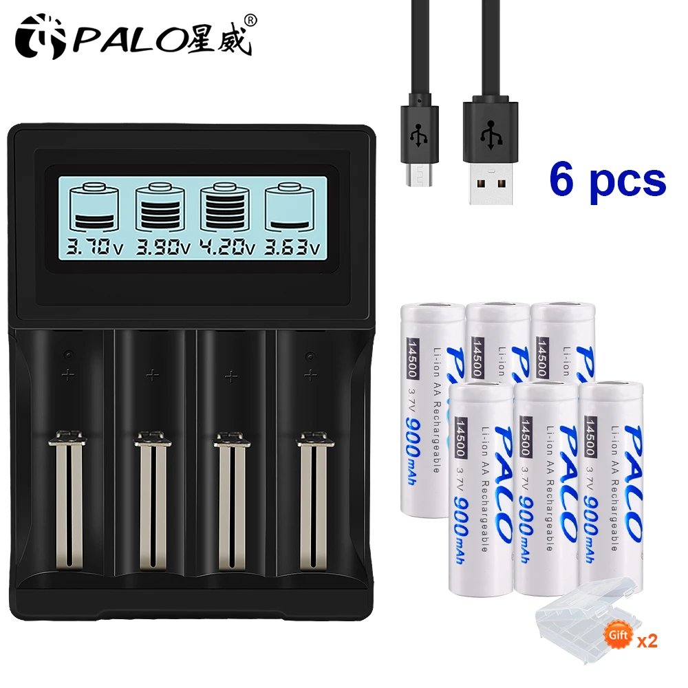 PALO Зарядное устройство для 18650 26650 21700 18350 14500 3,7 V литиевая Батарея+ 4 шт. AA 14500 900mAh 3,7 V литий-ионные аккумуляторы - Цвет: nc571-6pcs