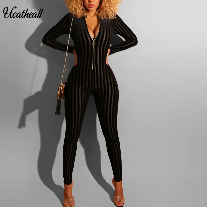 

Women Autumn Jumpsuit Stripped Sexy Deep V Neck Women Bandage Long Jumpsuit Bodycon Female Zipper Up Casual Streetwear Jumpsuit