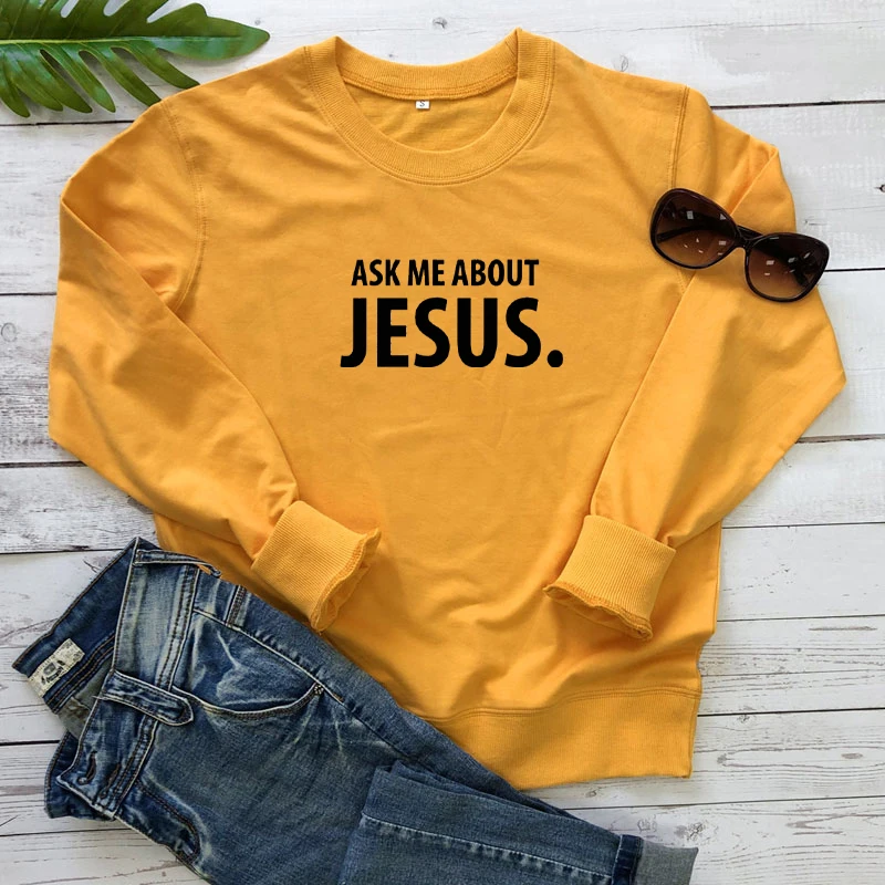 

Ask Me About Jesus Sweatshirt Funny Unisex Long Sleeve Religion Faith Pullovers Women Scripture Christian Church Sweatshirts