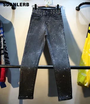 

Skinny Pencil Pants for Woman Diamond Hot Drill High Waist Trim Body Jeans Slim Elastic Nine-point Jeans Girls Lady Streetwear