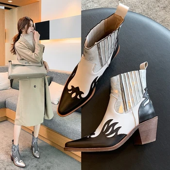 

Womens Pointy Toe Match Colors Genuine Leather Ankle Boots Chunky Heel Chelsea Print Western Shoes Plus Size 34-43