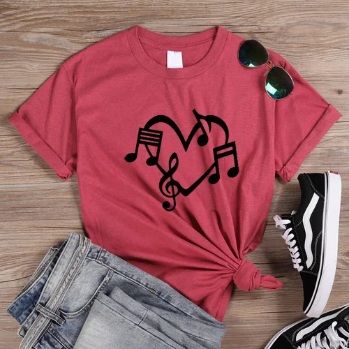 HeatherRed ONSEME Музыка Примечания Сердце Любовь Графический футболки Эстетическая одежда летняя девушка мощная страстная музыка футболка для леди девушки Q-923 - Цвет: HeatherRed