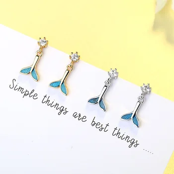 

Real 925 Sterling Silver Mermaid Stud Earrings for Women Girls Blue Earrings Summer Jewelry