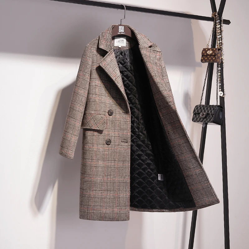 S-3xL шерстяное пальто с узором «гусиная лапка», женское длинное пальто, Корейская версия, новинка, зимнее толстое Свободное пальто из хлопка в клетку - Цвет: CAMEL