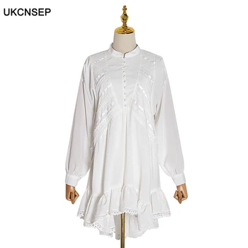 

UKCNSEP 2020 Patchwork Lace Ruched Women Dress Stand Collar Lantern Long Sleeve High Waist Irregular Hem Dresses Female Clothing