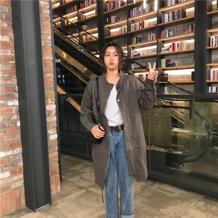 Photo Shoot Spring New Style Korean-style CHIC College Style Waist Hugging Long Sleeve Mid-length Trench Coat