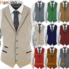 Men's Herringbone Vest Striped Waistcoat Lapel Retro Tweed Wool Steampunk