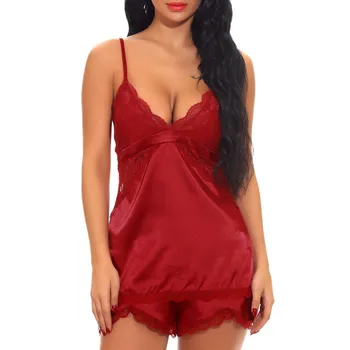 

pijama feminino Women Sexy Lace Splice Lingerie Nightdress Lace V-neck Four Season pajamas Set Backless Sleepwear пижамы женские