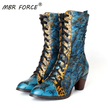 

MBR FORCE Women's shoes thick heel round head cowhide ethnic original handmade retro short velvet mid-heel leather boots women