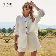 

Womens New Elegant Blouse Shorts Set Spring Autumn Summer Ladies Long Sleeve Shirt Top Cotton Linen Shorts Two Piece Sets White