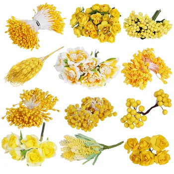 

6/10/12/50/70/288pcs Mix Yellow Flower Cherry Stamen Berries Bundle DIY Christmas Wedding Cake Gift Box Wreaths Decor