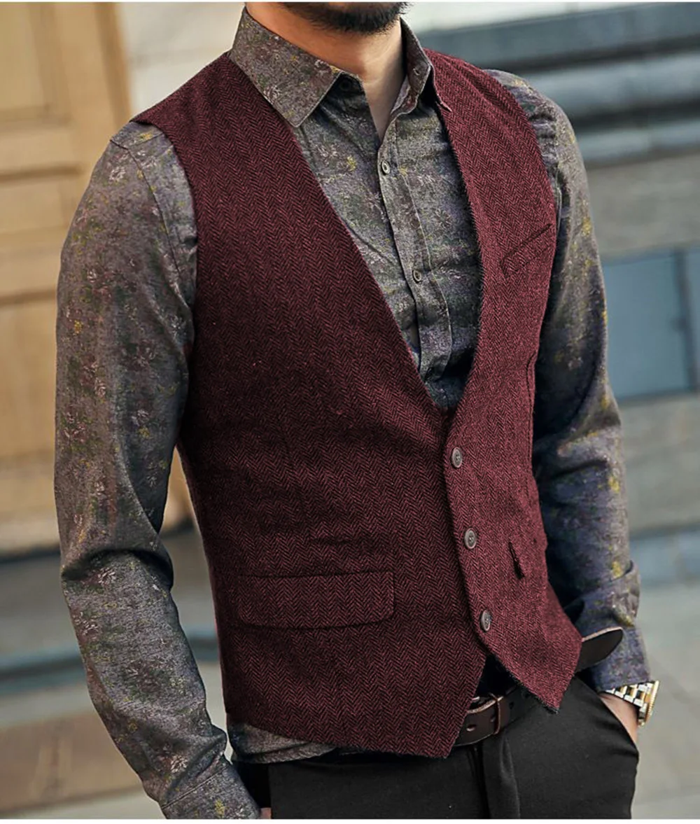 Slim Mens Vest Tweed Waistcoat Vest Vintage Herringbone V-neck Casual Wool Groomsmen Suits Vest For Wedding XS-5XL 2