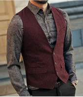 Slim Mens Vest Tweed Waistcoat Vest Vintage Herringbone V-neck Casual Wool Groomsmen Suits Vest For Wedding XS-5XL 2