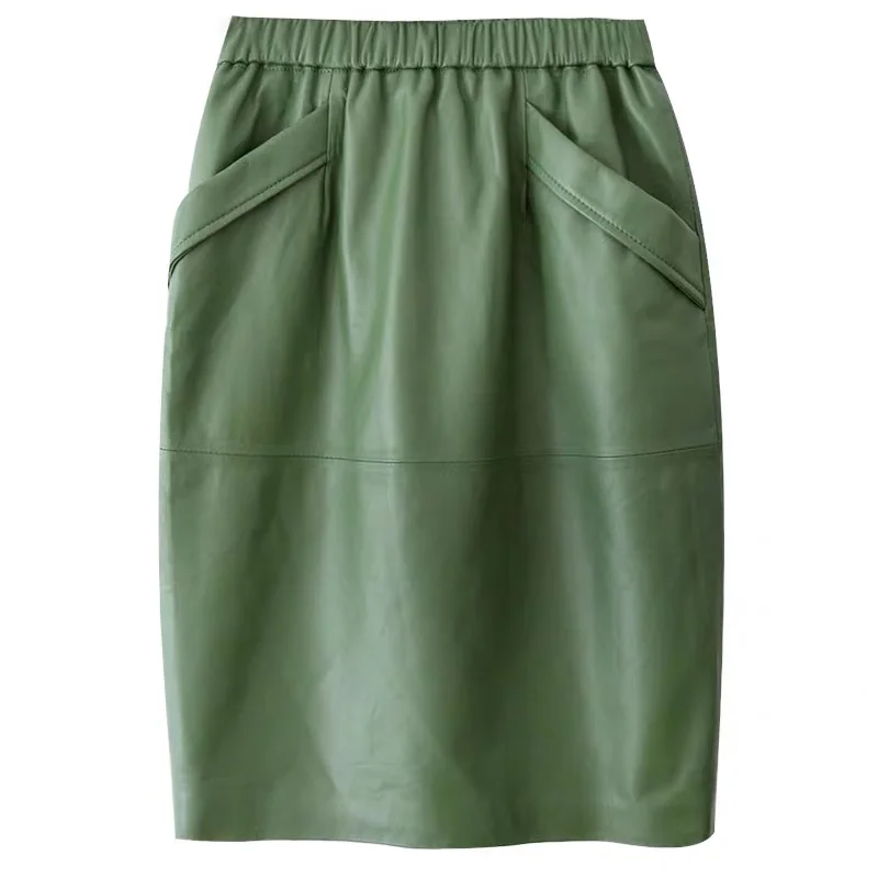 Кожаная женская юбка с карманами, миди юбки для женщин, натуральная черная и зеленая овечья кожа, юбка-карандаш с высокой талией - Цвет: Green