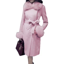 Зимнее женское пальто, большие размеры, длинные шерстяные куртки, новинка, корейские офисные куртки с бантом, Регулируемая Талия, плюс плотные теплые пальто для женщин LD701