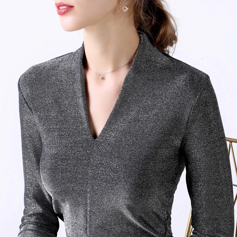 

Fall Winter 2019 V-Neck Sexy Long Sleeve Shiny Lurex Blouses Woman 2019 Fashion Tops Stylish Blouse Femme Tees Plus Size Black