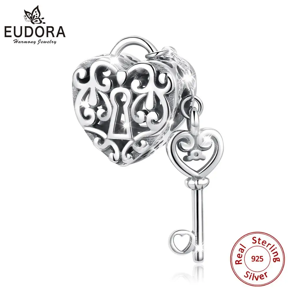 Eudora 100% 925 пробы серебряный замок сердца с кристаллами CZ подходят для браслетов и