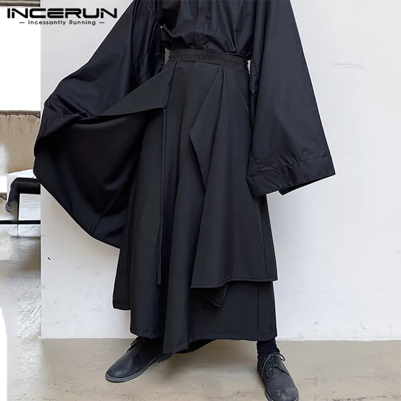 Mens Wide Leg Pants Solid Joggers Streetwear Elastic Waist Irregular Skirts Trousers Men Loose Punk Pantalon S-5XL for Wide Leg Pants