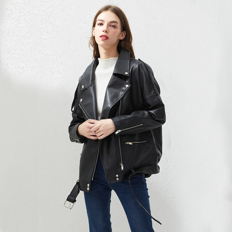 Jacket Coat Fitaylor Faux-Leather Loose Outwear Casual PU Sashes Black Tops Bf-Style