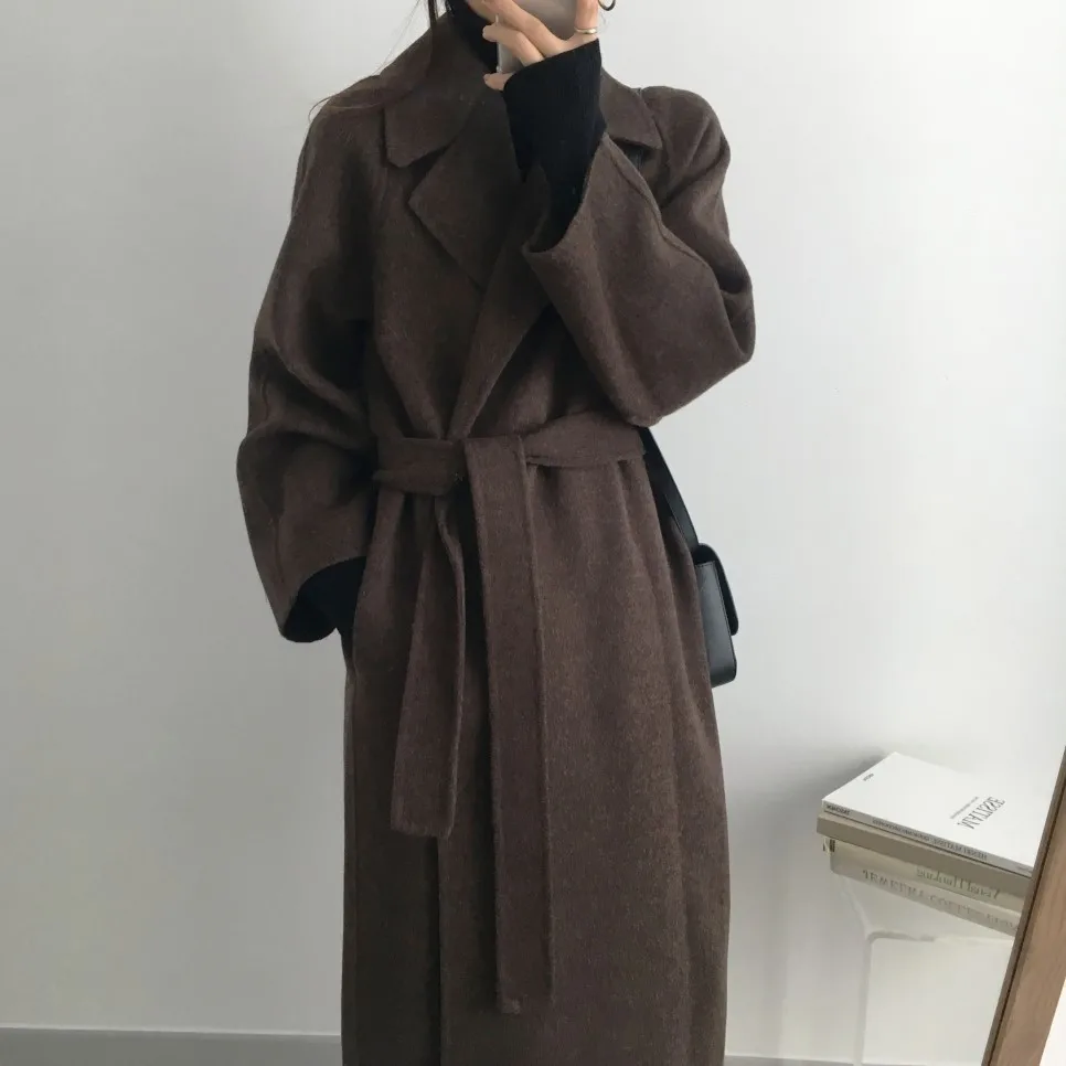 Women's Jacket 2021 Autumn and Winter Long Wool Coat with Belt Solid Color Long-Sleeved Chic Slim Down Shoulder Coat long puffer jacket