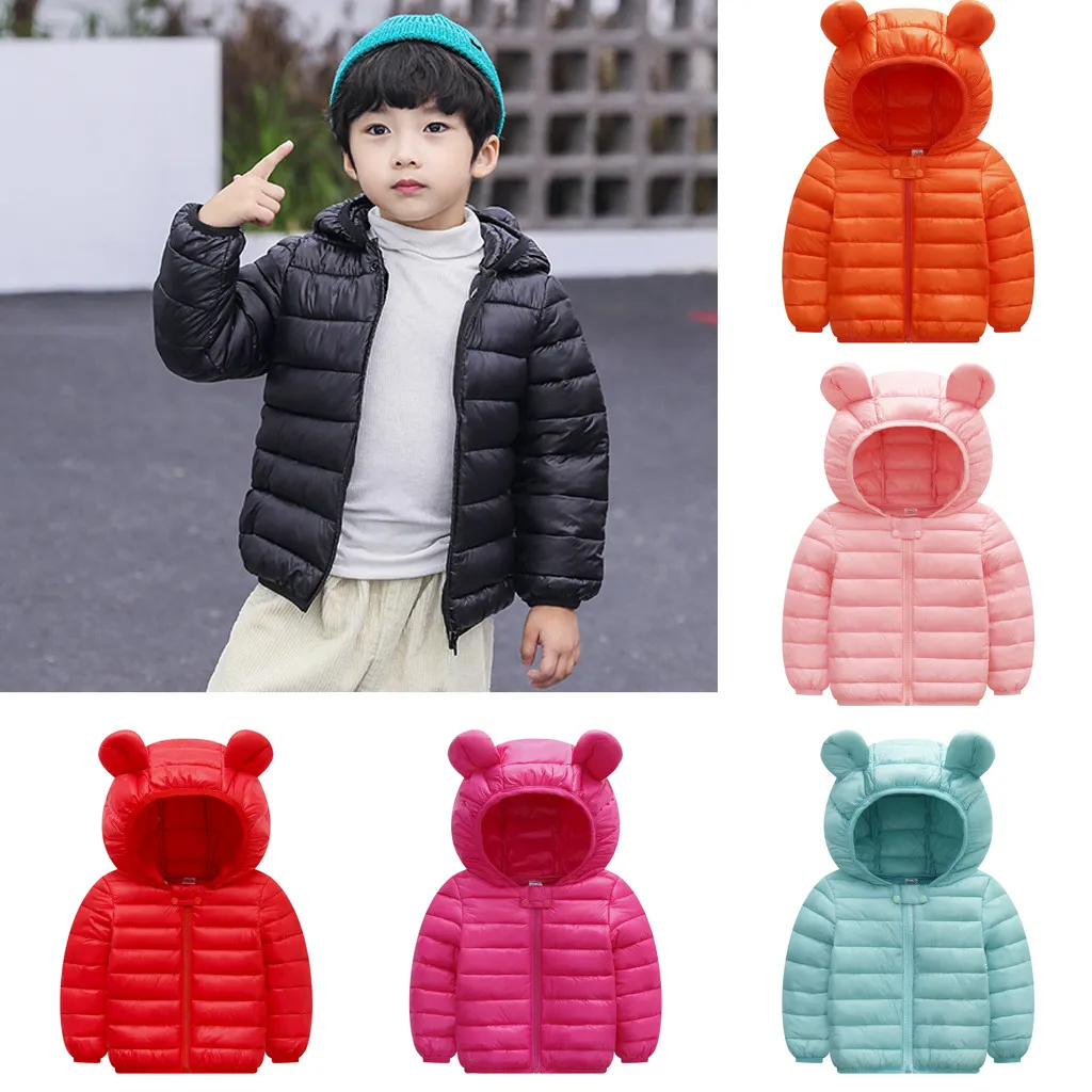 

8 colors Children Down & Parkas Kids Zip Thick Cartoon ears Snow Hooded Outwear Boys Girl Winter ultra light warm Coats 12M-4T