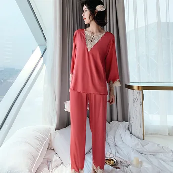 

Pajamas Set for Ladies Spring and Autumn Long-sleeved Fashion Casual Loose Style Two-piece Women Suit Lace Design Pajama Set