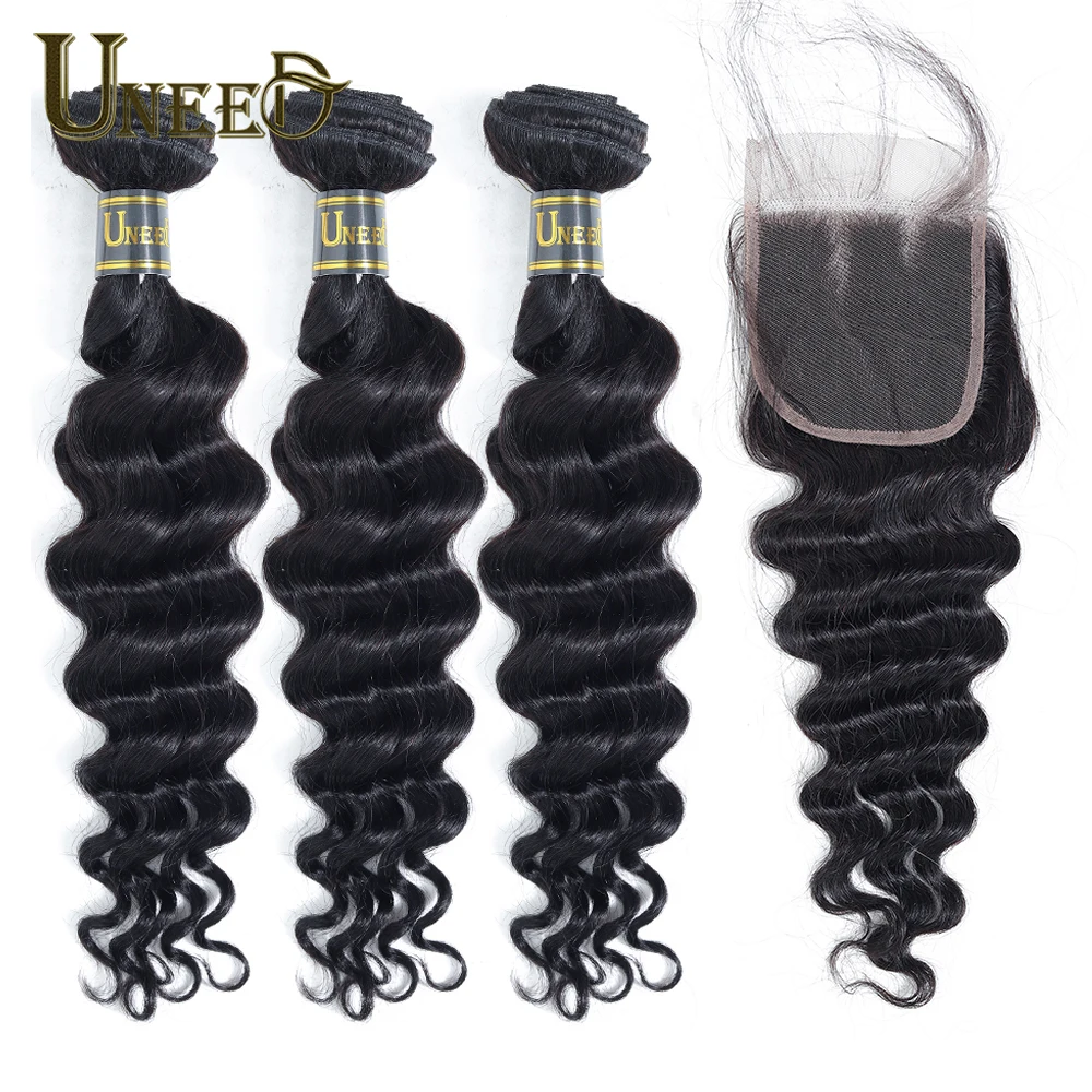 Uneed бразильские свободные глубокая волна с закрытием 3 или 4 пучка Remy человеческих волос для наращивания с закрытием часть и средняя часть