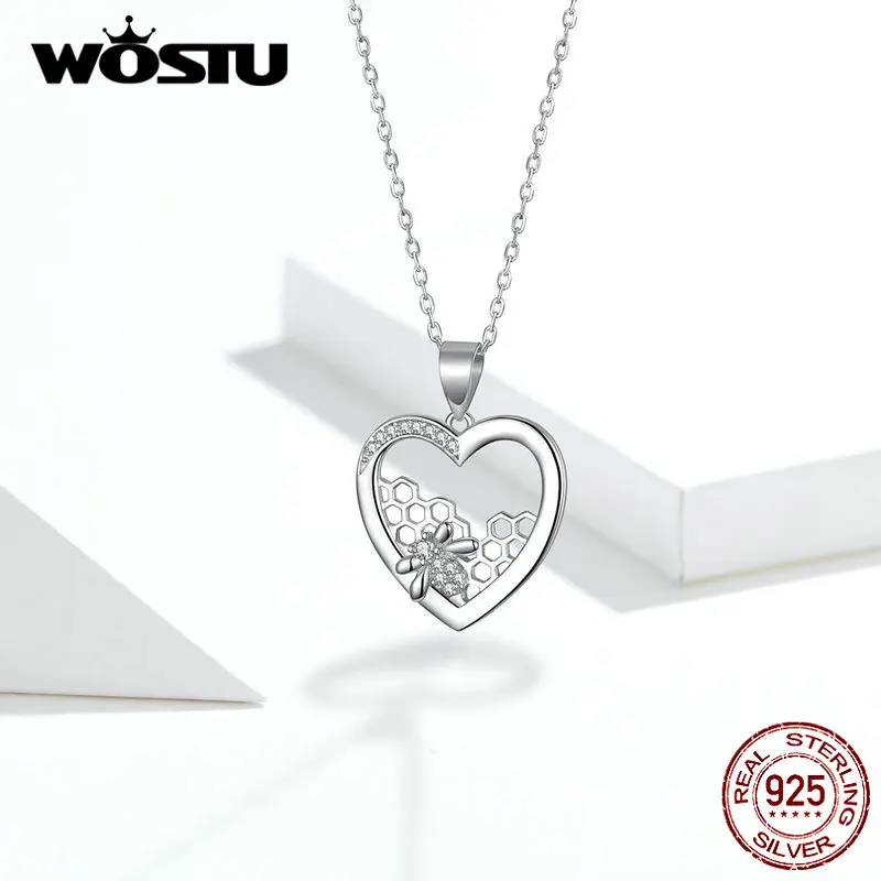 WOSTU, 925 пробы, Серебряное сердце, ожерелья, соты, пчела, подвеска, звено цепи для женщин, юбилей, любителя, роскошные ювелирные изделия CQN356