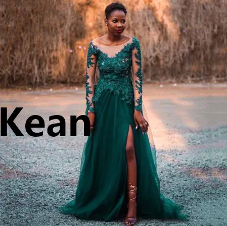 

Emerald Green High Slit Vestidos De Festa Plus Evening Dresses Full Sleeevs robe de soiree Evening Gowns Prom Dress Custom Made