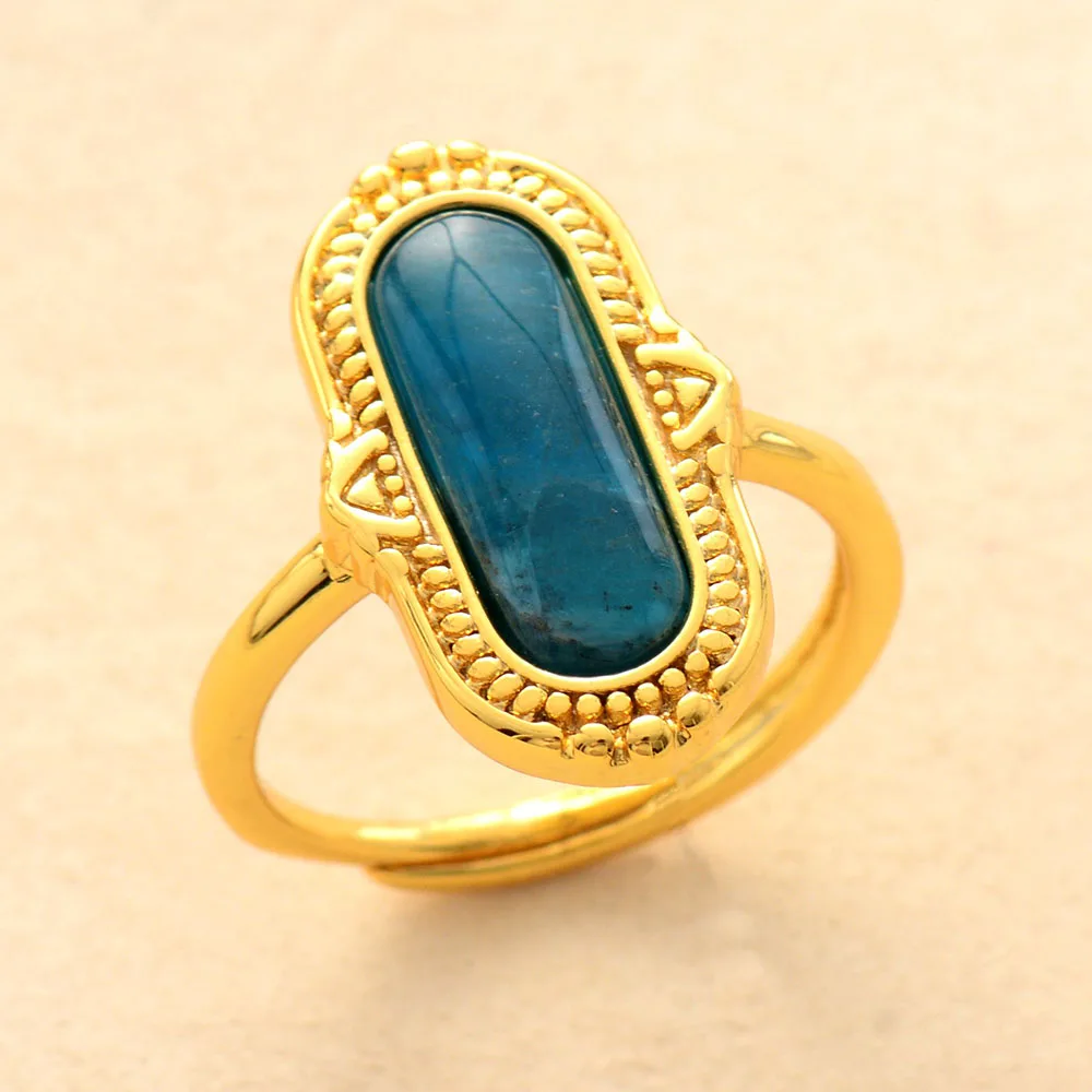Premium Big Stone Adjustable Rings Fashion Gold Color Apatite Malachite Lapis Luxury Party Cocktail Ring Anniversary Jewelry