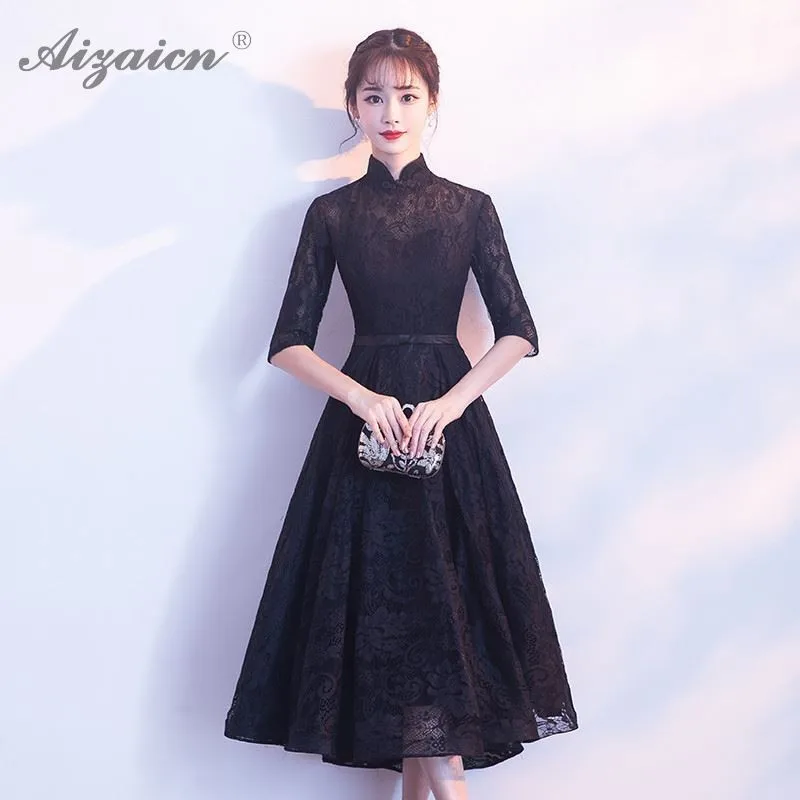 Черное кружевное вечернее платье Cheongsam современные элегантные длинные платья Qi Pao Женская традиционная китайская одежда Восточный стиль Qipao