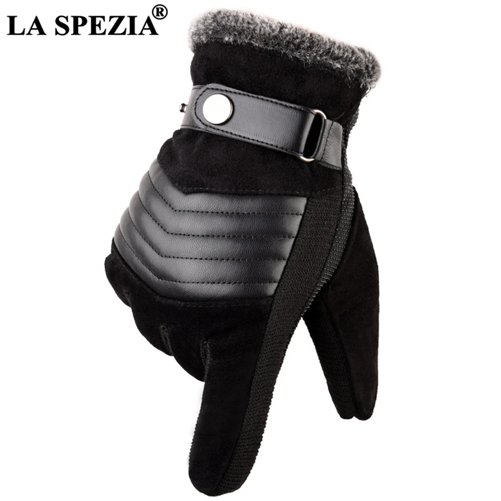 LA SPEZIA Brown Mens Leather Gloves Real Pigskin Russia Winter Gloves Warm Thick Driving Skiing Men's Guantes Luvas