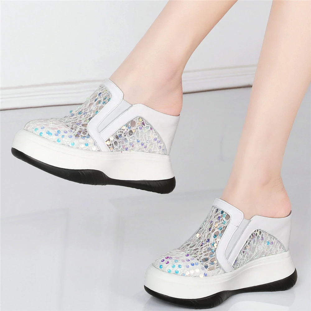 Zapatillas de deporte de piel auténtica para mujer, sandalias de gladiador de alto con cuña, zapatos de plataforma de punta redonda, informales|Sandalias de mujer| - AliExpress