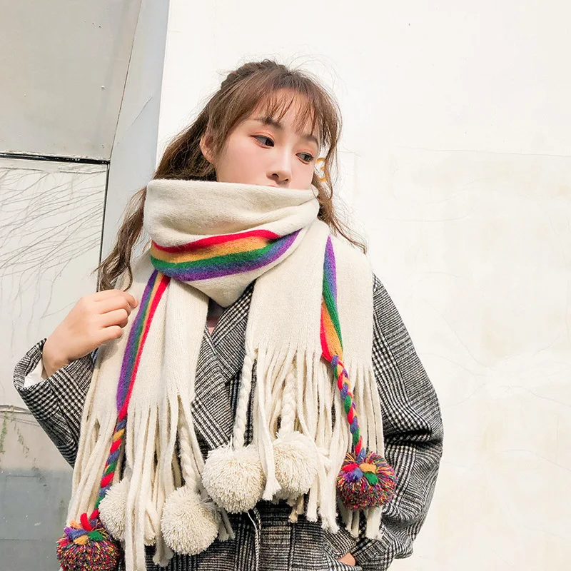 Новое поступление, осенне-зимний Радужный шарф, Корейская версия кашемира, длинный шарф с кисточками, женская теплая плотная шаль