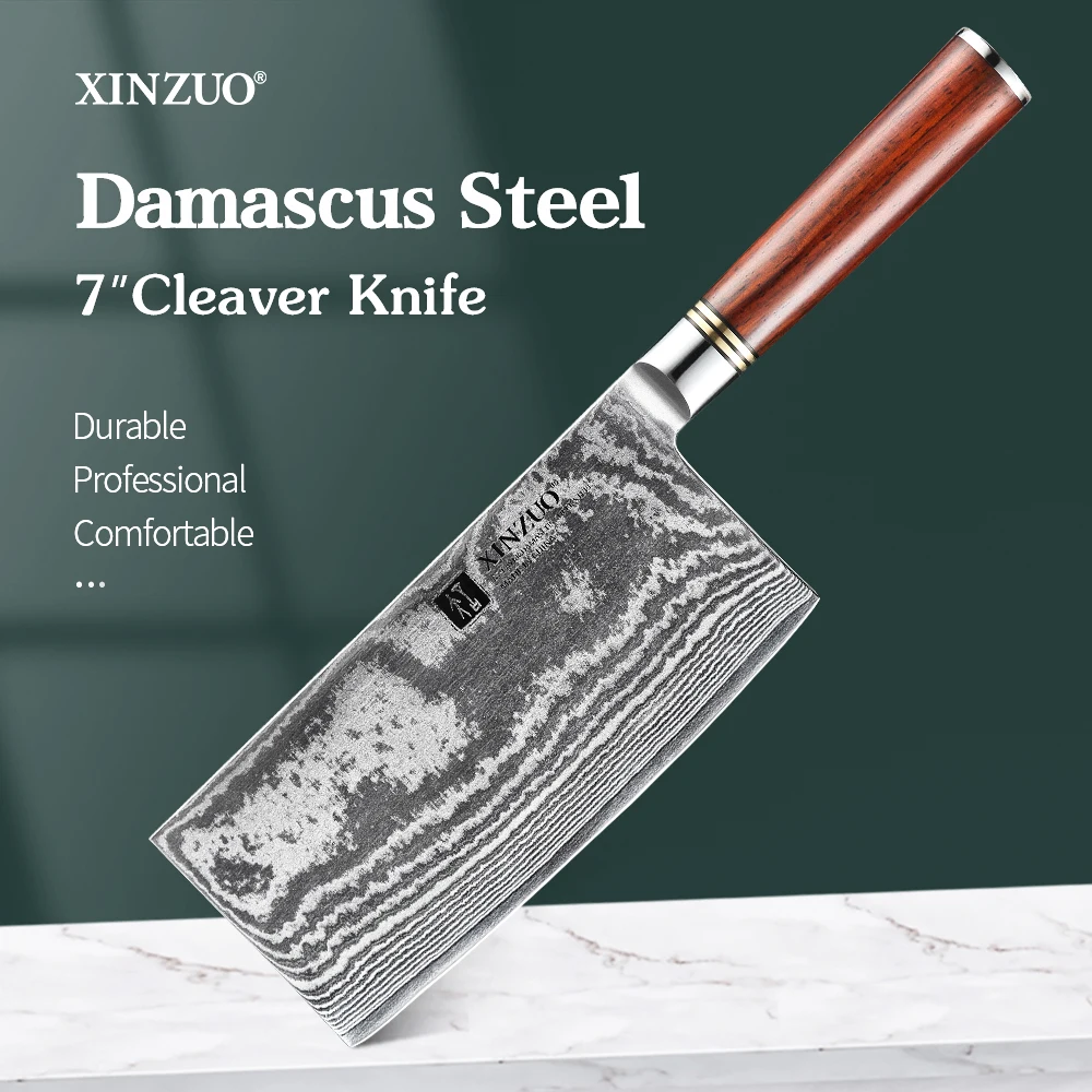 XINZUO 7'' Inches Cleaver Knife VG10 Damascus Steel Pattern Meat Slicing Vegatable Cutter Chinese Chef Rosewood Handle |