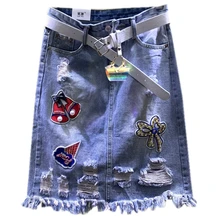 Летний продукт тяжелая работа patching необработанные края отверстие джинсовая сумка бедра, джинсовая юбка