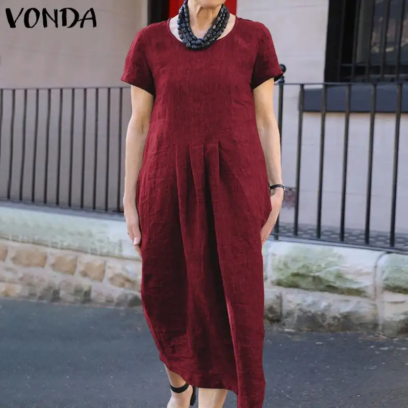 Винтажное платье VONDA повседневное свободное офисное женское платье до середины икры богемное летнее Открытое платье размера плюс короткий рукав халат