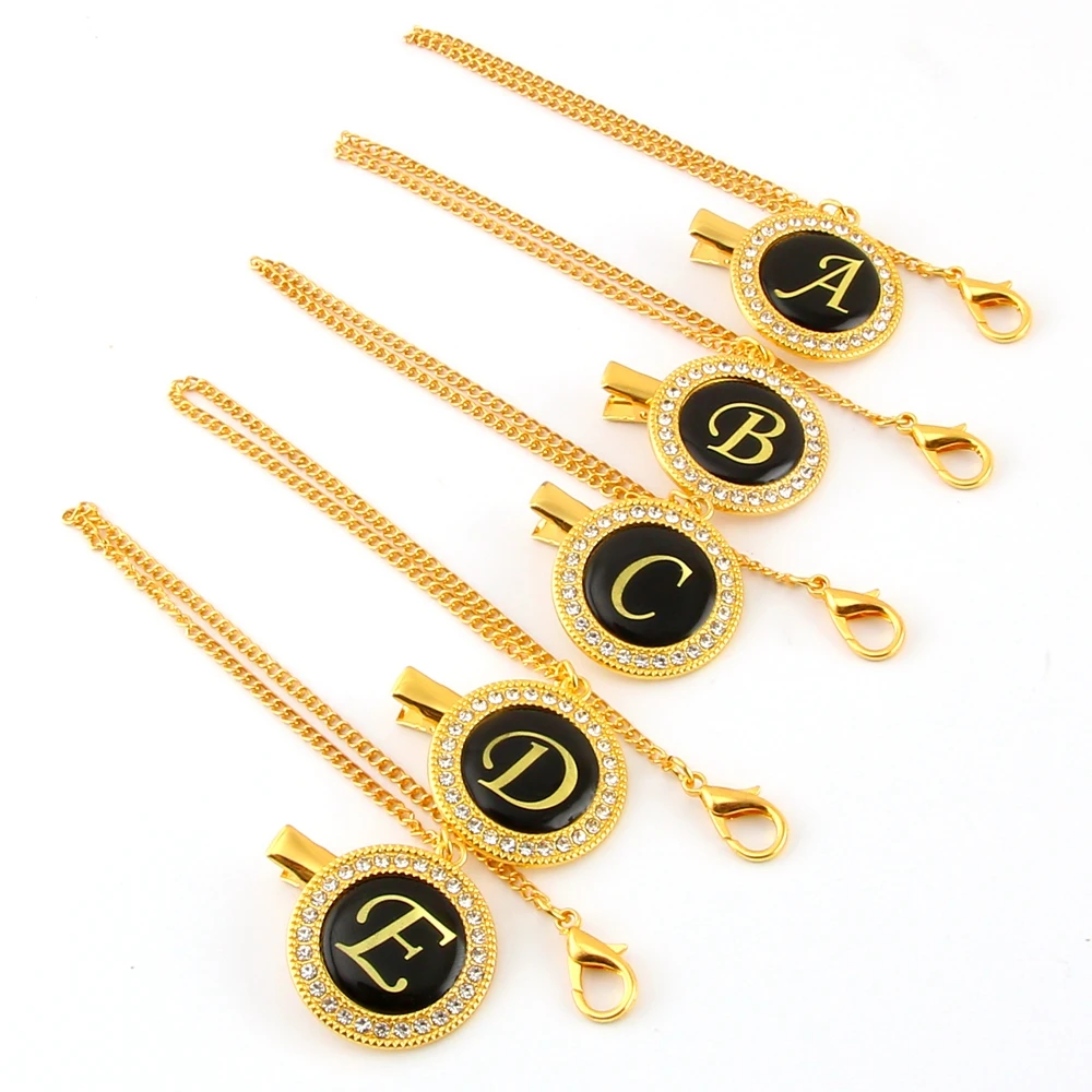 26 Initial Letters Bling Bling Pacifier Clip Baby Boy Girl Pacifier Chain Holder Infant Dummy Clip Safe Metal Chain