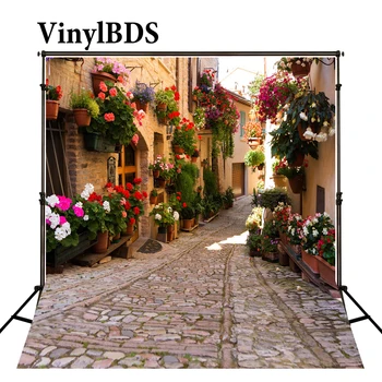 

VinylBDS Brick Street Outdoor Wedding Backdrops Flower House Scenery Background Spring City Backdrop for Photo Studio