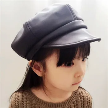 

Children Beret Hat Vintage PU Leather Kids Girl Caps Black Autumn Winter 2-7Y