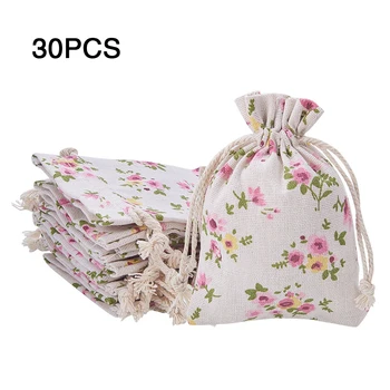 

30 Pcs DIY Party Favour Vintage Burlap Bags Natural Jewelry Floral Printed Candy Wedding Gift Pouches Drawstring Packing Craft