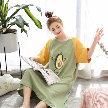 

2020 summer cute printed night skirt female short-sleeved cotton M-2XL comfortable casual O-neck student cartoon home service
