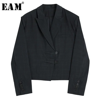 

[EAM] Women Gray Blue Plaid Irregular Short Blazer New Lapel Long Sleeve Loose Fit Jacket Fashion Spring Autumn 2020 1Y318