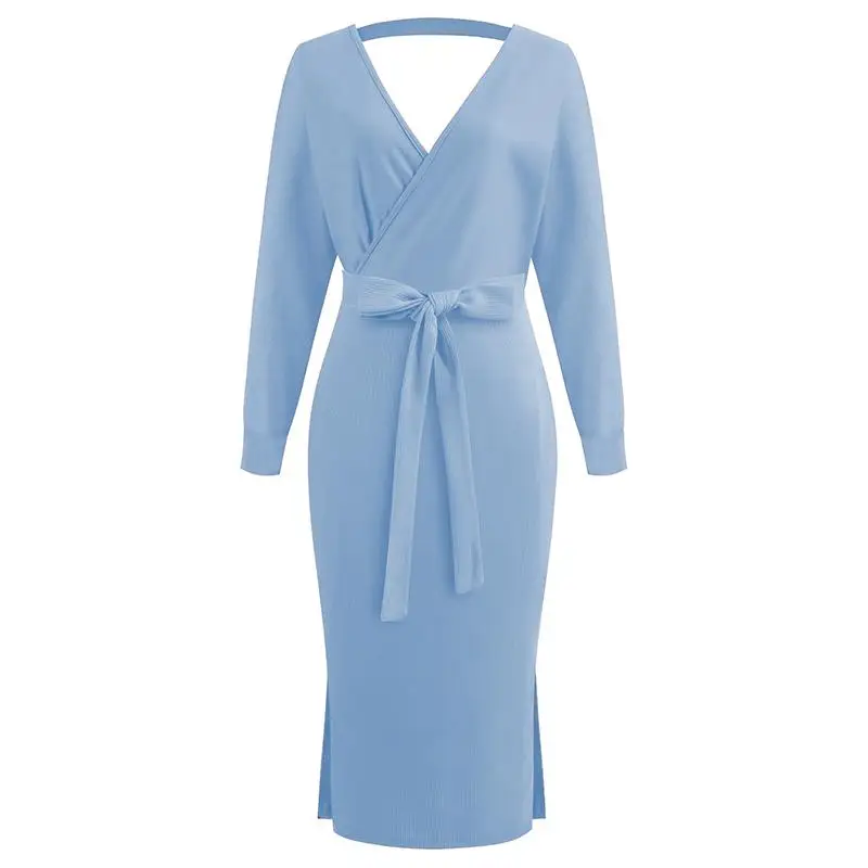 Женское платье, вязаное длинное платье, Осень-зима, женское сексуальное платье-свитер с v-образным вырезом, вечернее платье с длинным рукавом, 3xl, платье большого размера - Цвет: blue