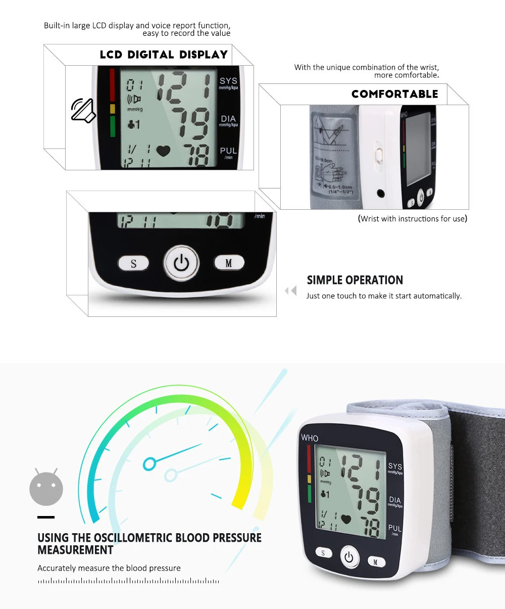 Automatic Voice Wrist Digital Blood Pressure Monitor Tonometer Meter USB Charge Wrist W355 Germany Chip LCD Display_014