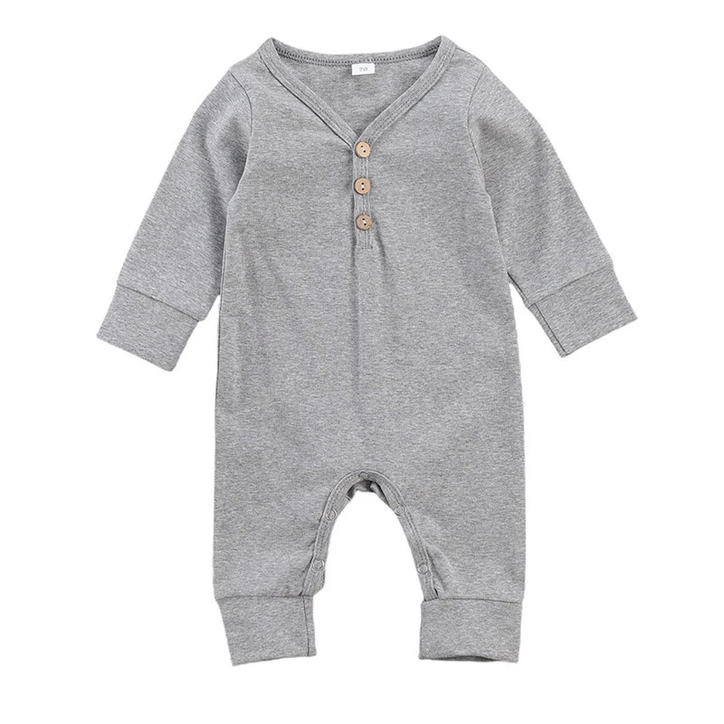 

Newborn Babys Long Sleeve Jumpsuit Autumn Fresh Solid Color Button One Piece Long Pants Autumn And Winter Children's Romper