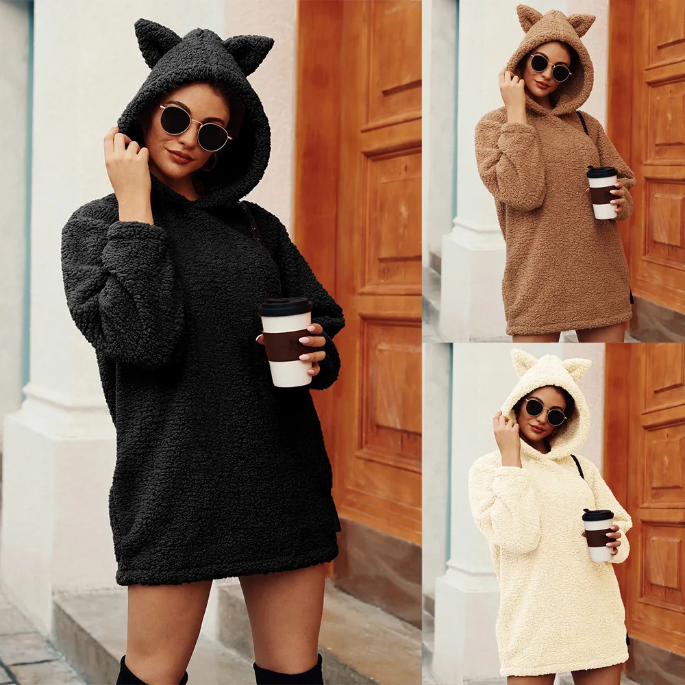 Прекрасный Teedy Bear толстовки для женщин искусственный мех мохнатый пуловер с капюшоном дикие каваи уха сплошной балахон с длинным рукавом Пушистый свитер Femme