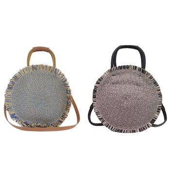 

Bohemian Round Women Straw Woven Bag Fashion Hand-Woven Rattan Shoulder Bag Big Capacity Casual Tote Beach Bag