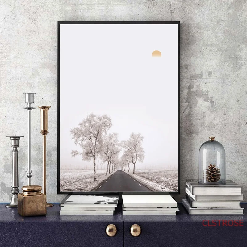 Winter Road Silver Tree Painting Wall Minimalist Snow Scenery Canvas Poster Nordic Pictures For Living Room Modern Home Decor